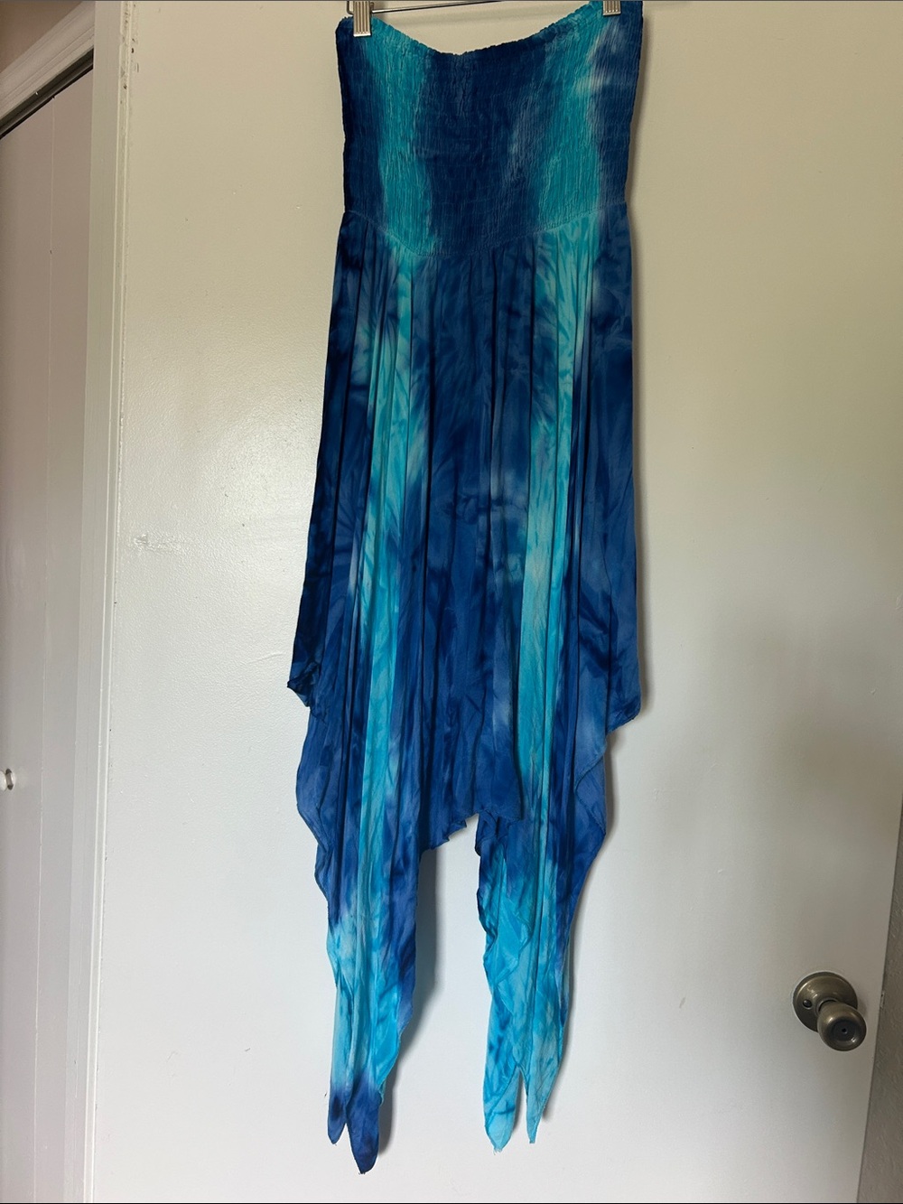 Blue Tie-Dye Handkerchief Hem Maxi dress with neck ties